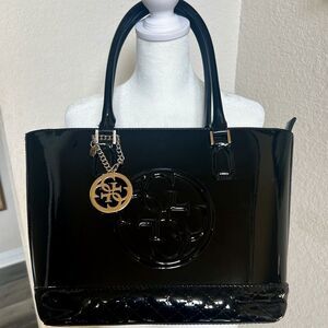 GUESS Limited Edition Amy Tote Satchel Handbag Shiny Black Excellent Condition